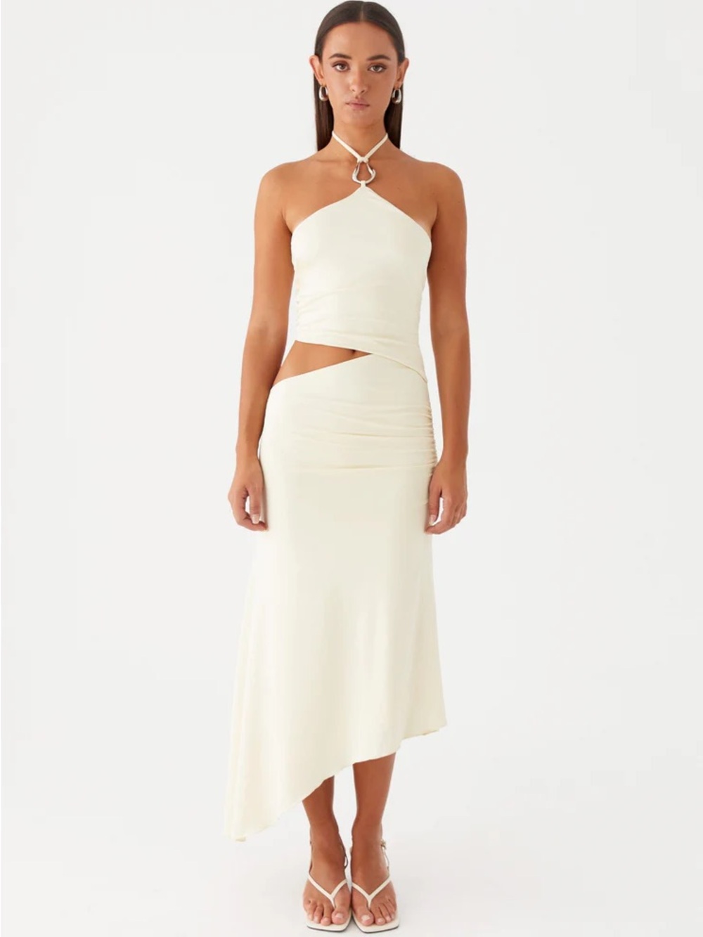 Peppermayo Cream Asymmetrical Halter Cutout Maxi Dress